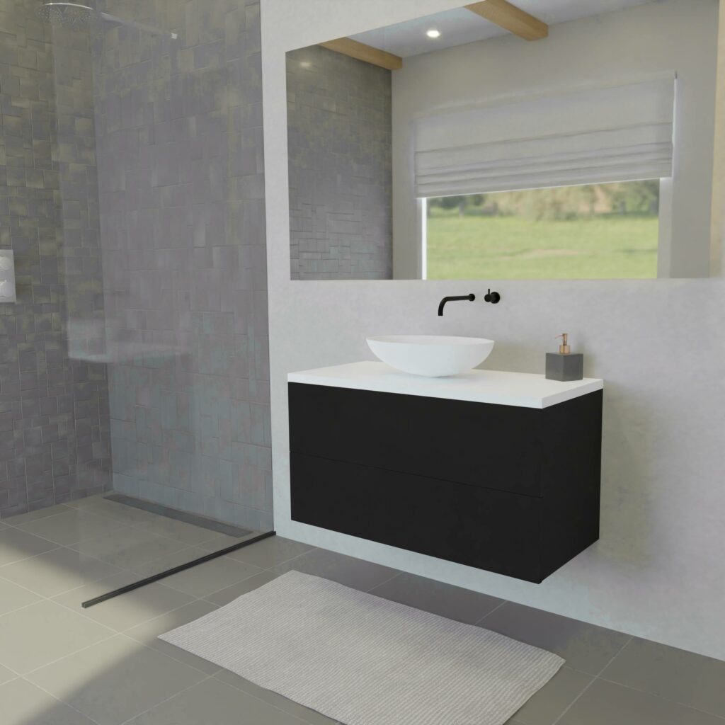 Maatwerk design wastafelkast, gemaakt van Zwart melamine of gespoten mdf met een blad van solid surface en 1 waskom van Solid Surface. Het front te openen d.m.v. Push to Open