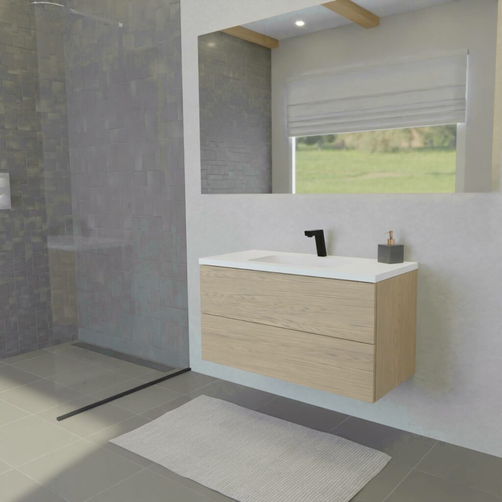 Maatwerk design badkamermeubel, gemaakt van eiken hout fineer of eiken hout massief met een blad van solid surface en 1 waskom van Solid Surface. Het front te openen d.m.v. Push to Open