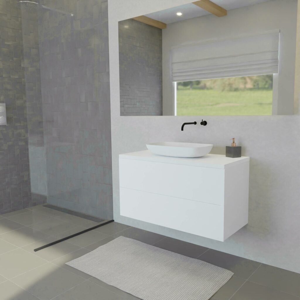 Maatwerk design wastafel onderkast, gemaakt van Wit melamine of gespoten mdf met een blad van solid surface en 1 waskom van Solid Surface. Het front te openen d.m.v. Push to Open