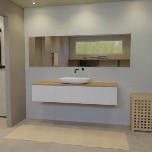 Maatwerk design badkamermeubel, gemaakt van Wit melamine of gespoten mdf met een blad van eiken en 1 waskom van Solid Surface. Het front te openen d.m.v. Push to Open