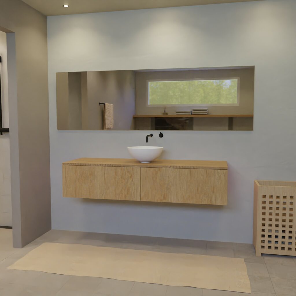 Maatwerk design wastafelkast, gemaakt van eiken hout fineer of eiken hout massief met een blad van eiken en 1 waskom van Solid Surface. Het front te openen d.m.v. Push to Open