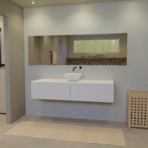 Maatwerk design badmeubel, gemaakt van Wit melamine of gespoten mdf met een blad van solid surface en 1 waskom van Solid Surface. Het front te openen d.m.v. Push to Open