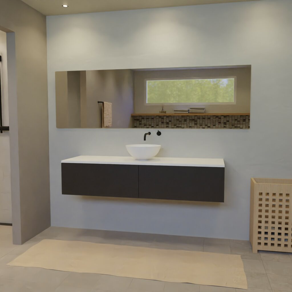 Maatwerk design wastafel onderkast, gemaakt van Zwart melamine of gespoten mdf met een blad van solid surface en 1 waskom van Solid Surface. Het front te openen d.m.v. Push to Open
