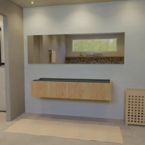 Maatwerk design wastafelkast, gemaakt van eiken hout fineer of eiken hout massief met een blad van zonder. Het front te openen d.m.v. Push to Open