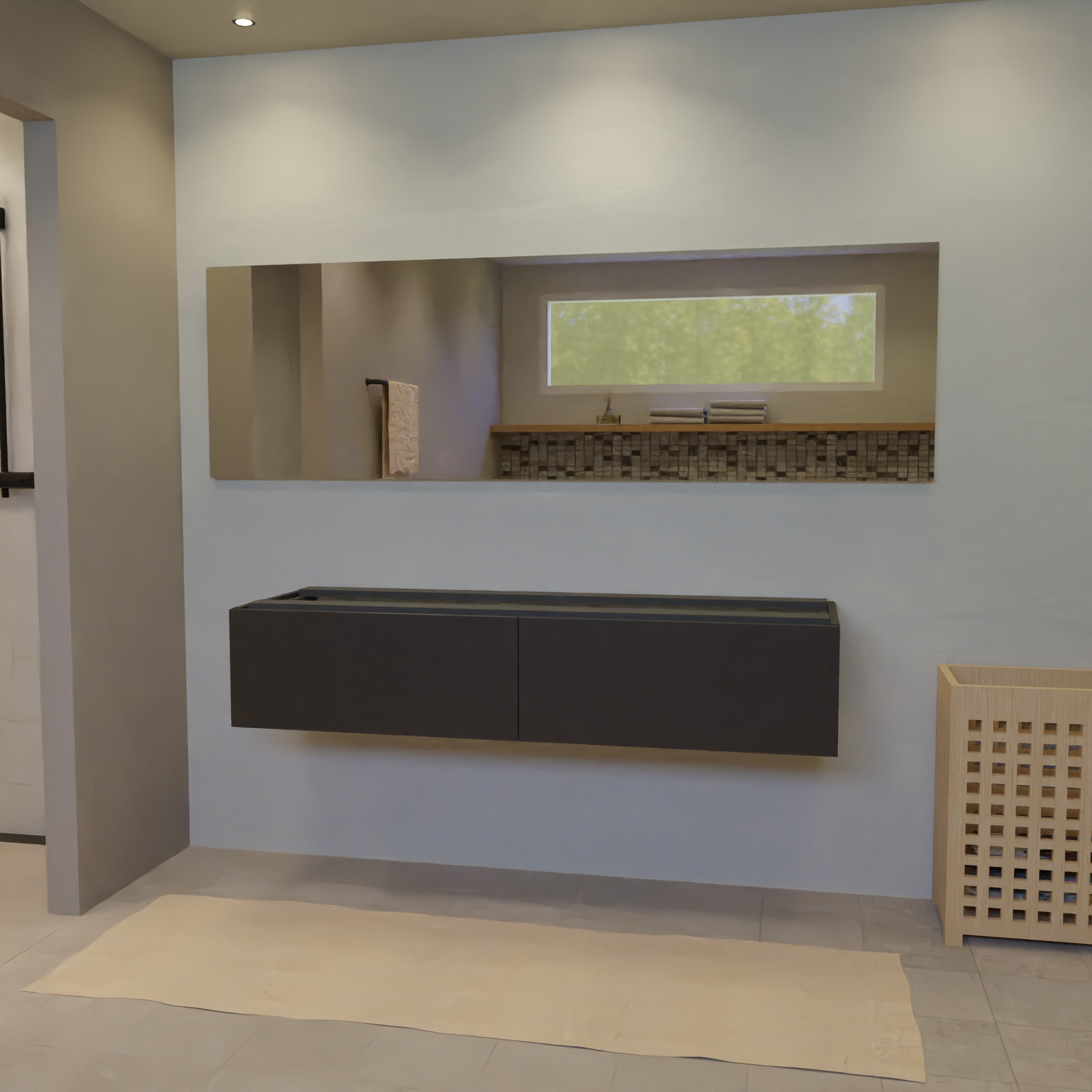 Maatwerk design wastafelmeubel, gemaakt van Zwart melamine of gespoten mdf met een blad van zonder. Het front te openen d.m.v. Push to Open