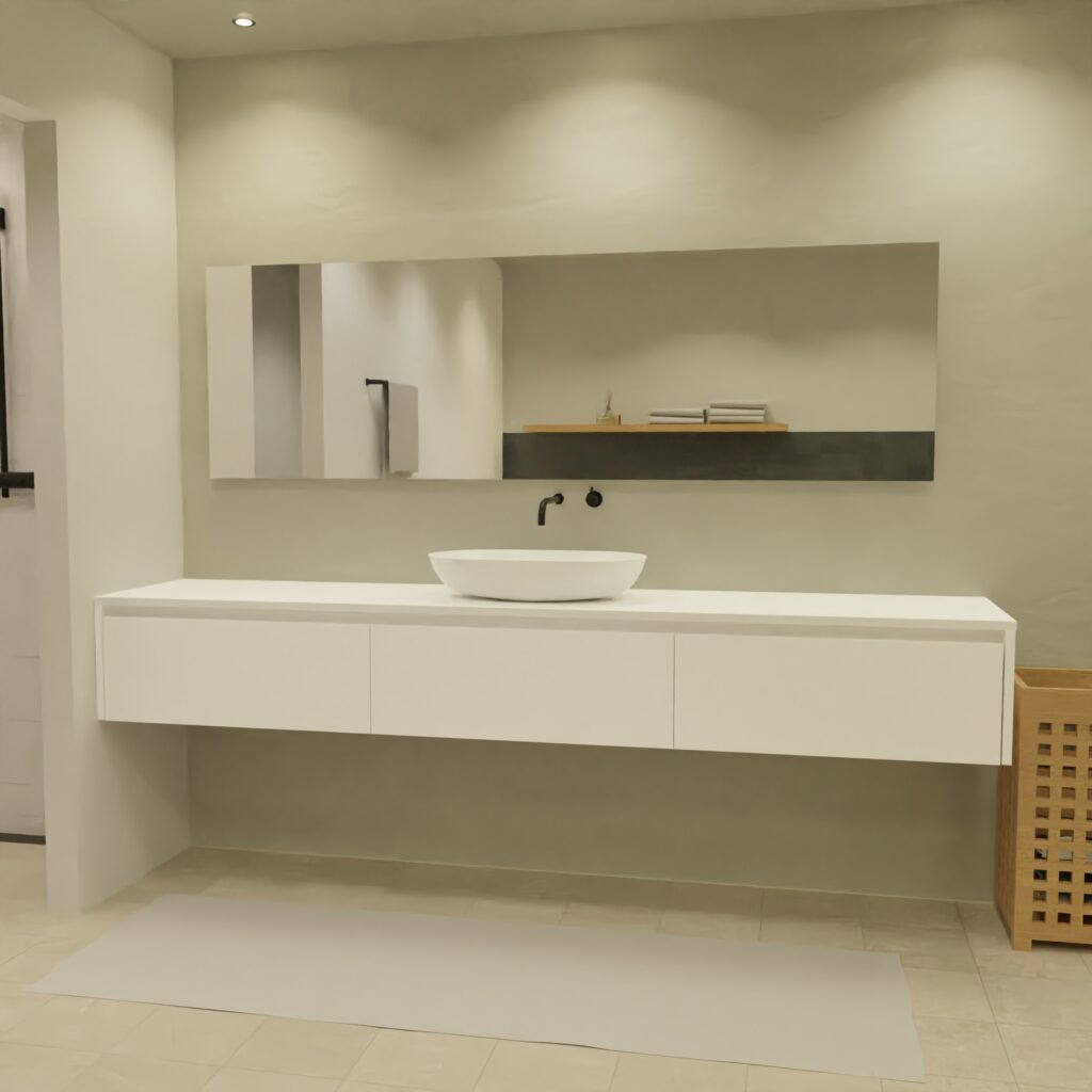 Maatwerk design badkamermeubel, gemaakt van Wit melamine of gespoten mdf met een blad van solid surface en 1 waskom van Solid Surface. Het front te openen d.m.v. Greeplijst boven