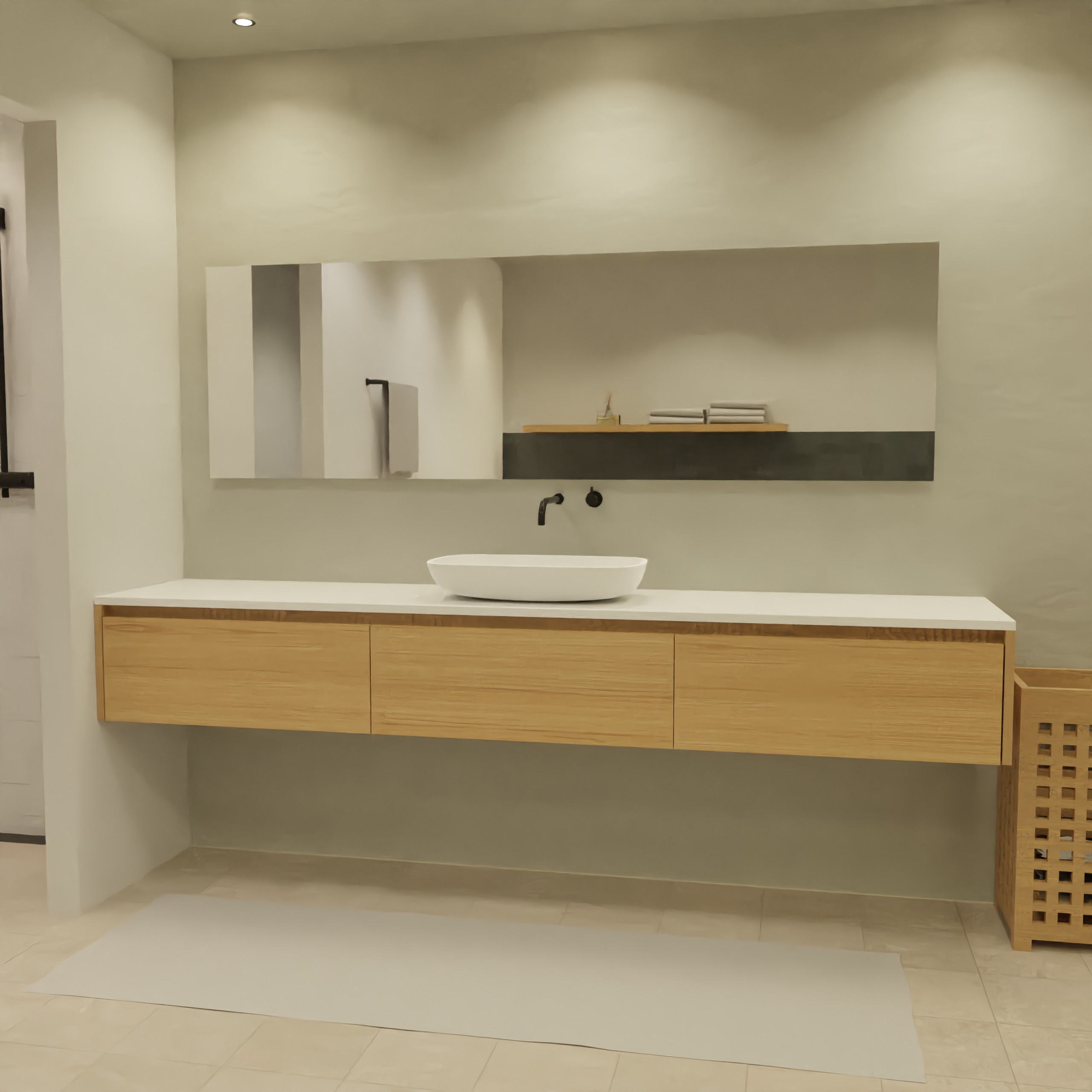 Maatwerk design wastafel onderkast, gemaakt van eiken hout fineer of eiken hout massief met een blad van solid surface en 1 waskom van Solid Surface. Het front te openen d.m.v. Greeplijst boven