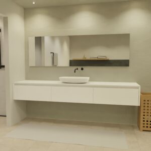 Maatwerk design badkamermeubel, gemaakt van Wit melamine of gespoten mdf met een blad van solid surface en 1 waskom van Solid Surface. Het front te openen d.m.v. Greeplijst boven