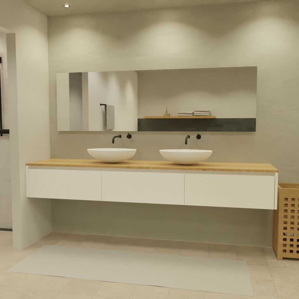 Maatwerk design wastafelmeubel, gemaakt van Wit melamine of gespoten mdf met een blad van eiken en 2 waskommen van Solid Surface. Het front te openen d.m.v. Greeplijst boven