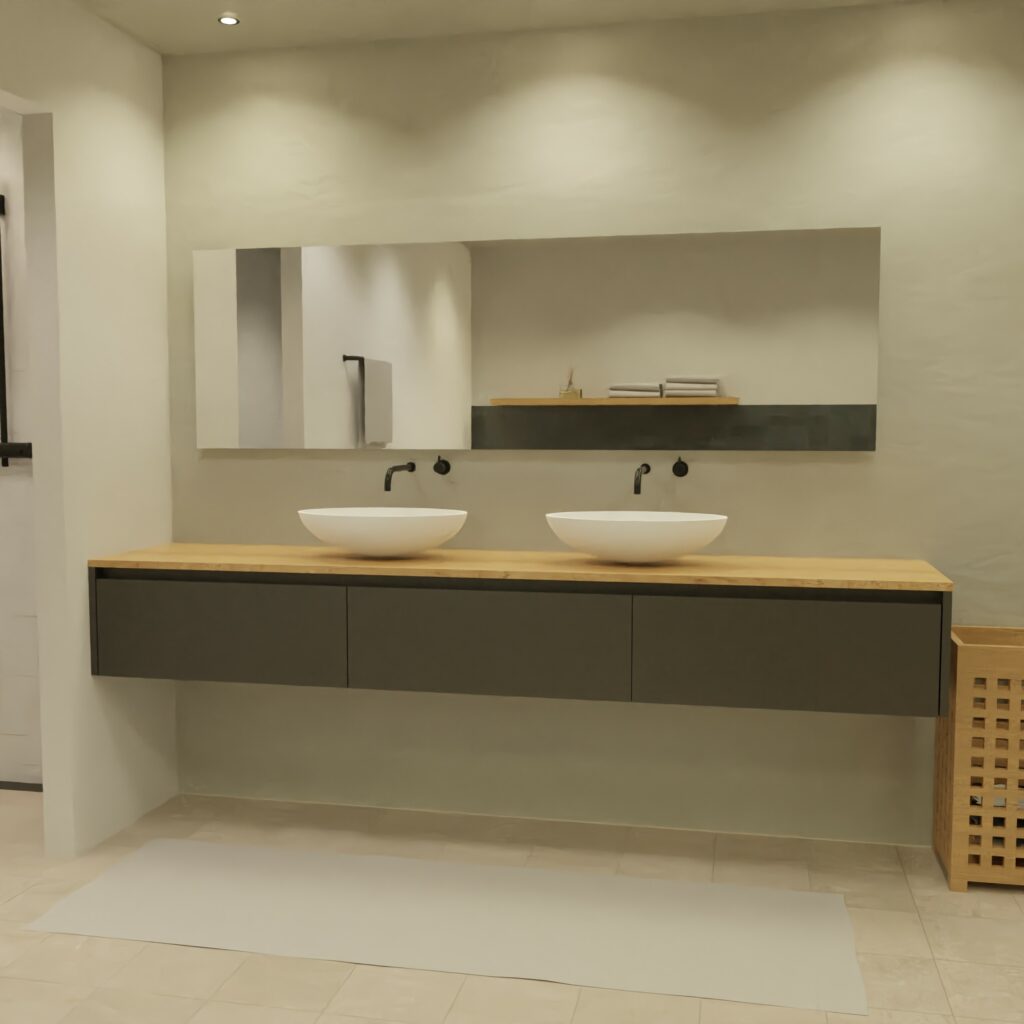 Maatwerk design badkamermeubel, gemaakt van Zwart melamine of gespoten mdf met een blad van eiken en 2 waskommen van Solid Surface. Het front te openen d.m.v. Greeplijst boven