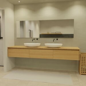 Maatwerk design badmeubel, gemaakt van eiken hout fineer of eiken hout massief met een blad van eiken en 2 waskommen van Solid Surface. Het front te openen d.m.v. Greeplijst boven