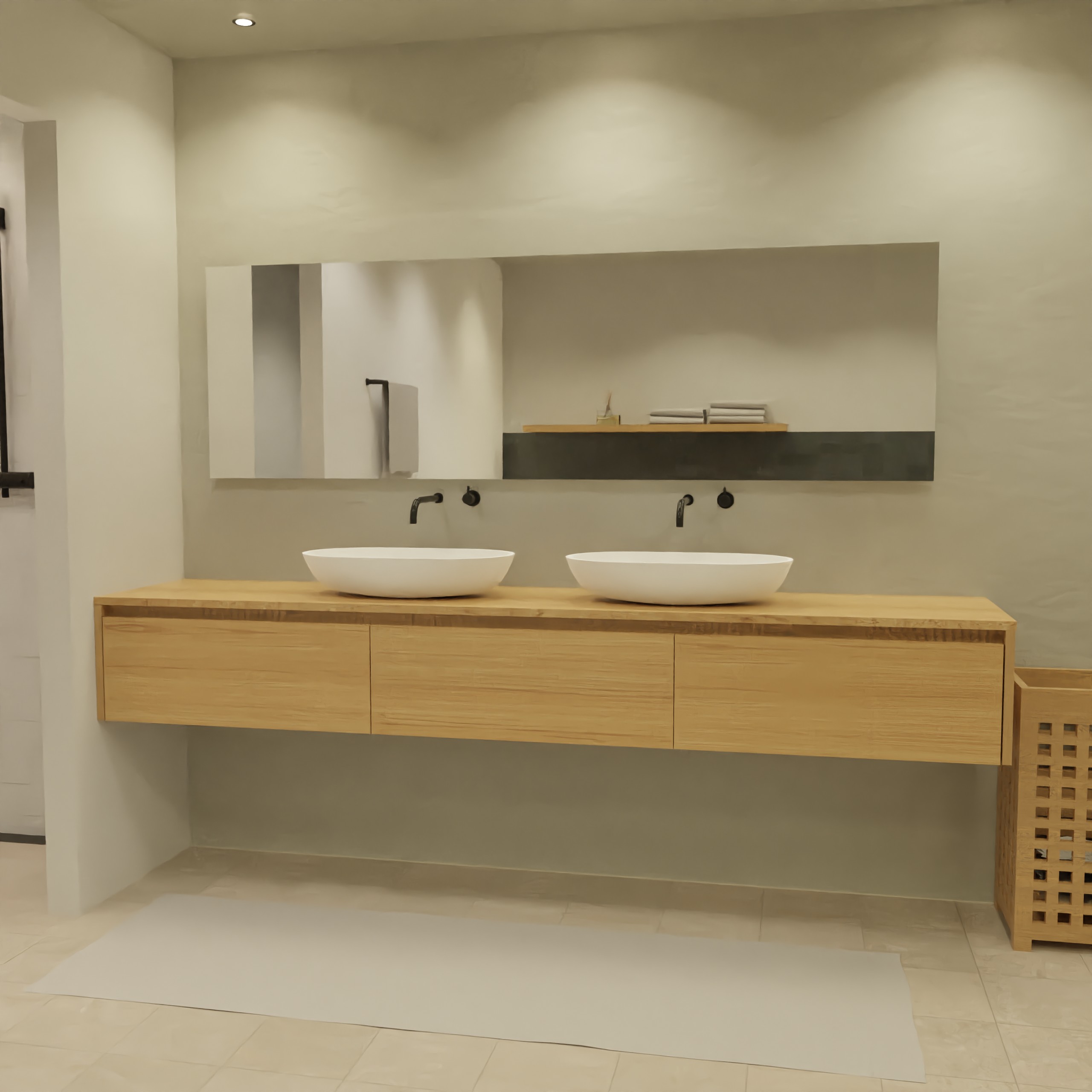 Maatwerk design badmeubel, gemaakt van eiken hout fineer of eiken hout massief met een blad van eiken en 2 waskommen van Solid Surface. Het front te openen d.m.v. Greeplijst boven