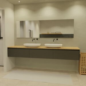 Maatwerk design wastafel onderkast, gemaakt van Zwart melamine of gespoten mdf met een blad van eiken en 2 waskommen van Solid Surface. Het front te openen d.m.v. Greeplijst boven