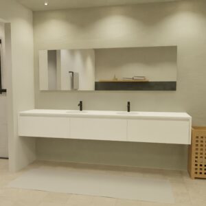 Maatwerk design badmeubel, gemaakt van Wit melamine of gespoten mdf met een blad van solid surface en 2 waskommen van Solid Surface. Het front te openen d.m.v. Greeplijst boven