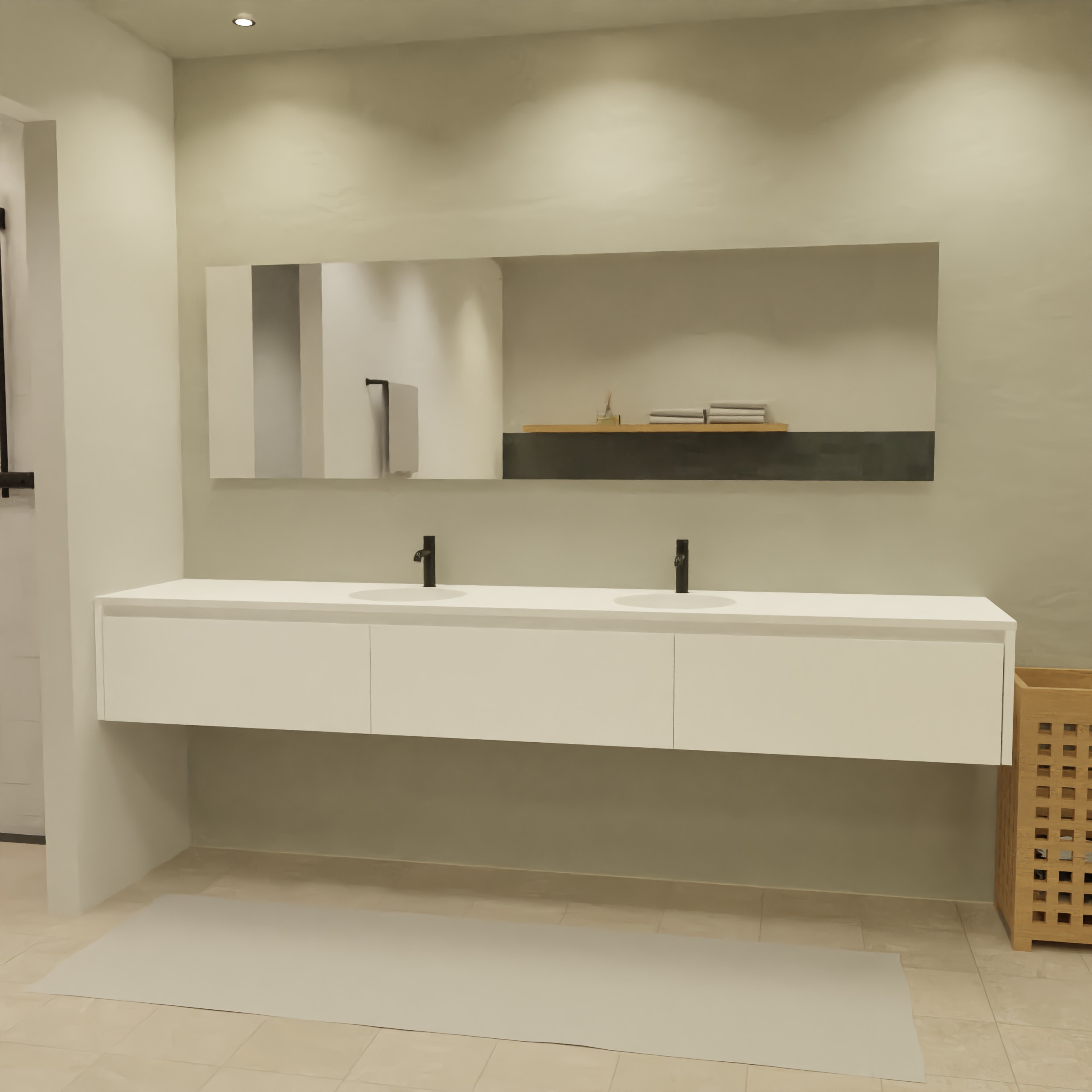 Maatwerk design badmeubel, gemaakt van Wit melamine of gespoten mdf met een blad van solid surface en 2 waskommen van Solid Surface. Het front te openen d.m.v. Greeplijst boven