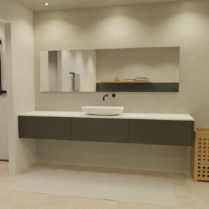 Maatwerk design wastafel onderkast, gemaakt van Zwart melamine of gespoten mdf met een blad van solid surface en 1 waskom van Solid Surface. Het front te openen d.m.v. Push to Open