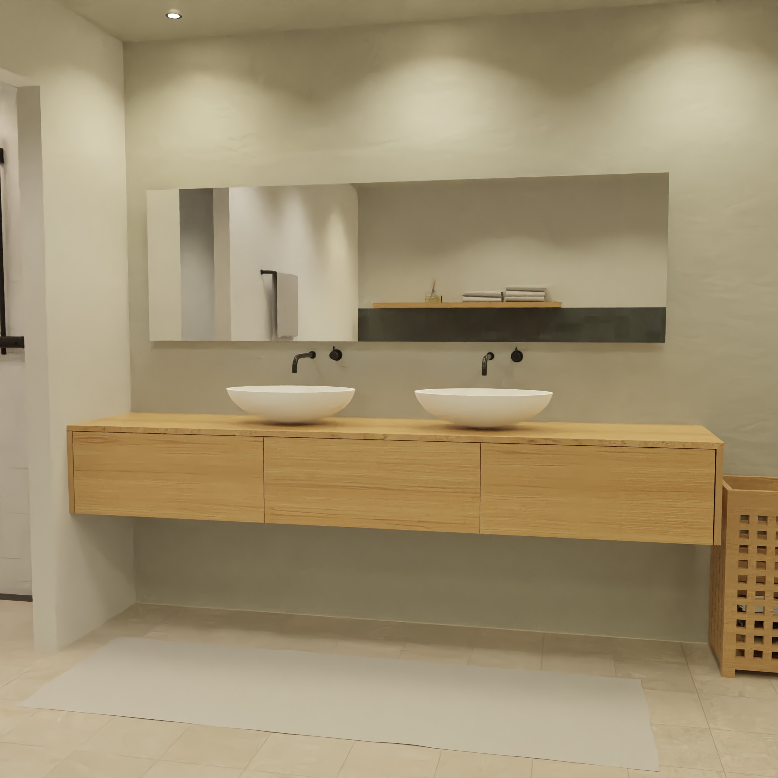 Maatwerk design wastafelkast, gemaakt van eiken hout fineer of eiken hout massief met een blad van eiken en 2 waskommen van Solid Surface. Het front te openen d.m.v. Push to Open