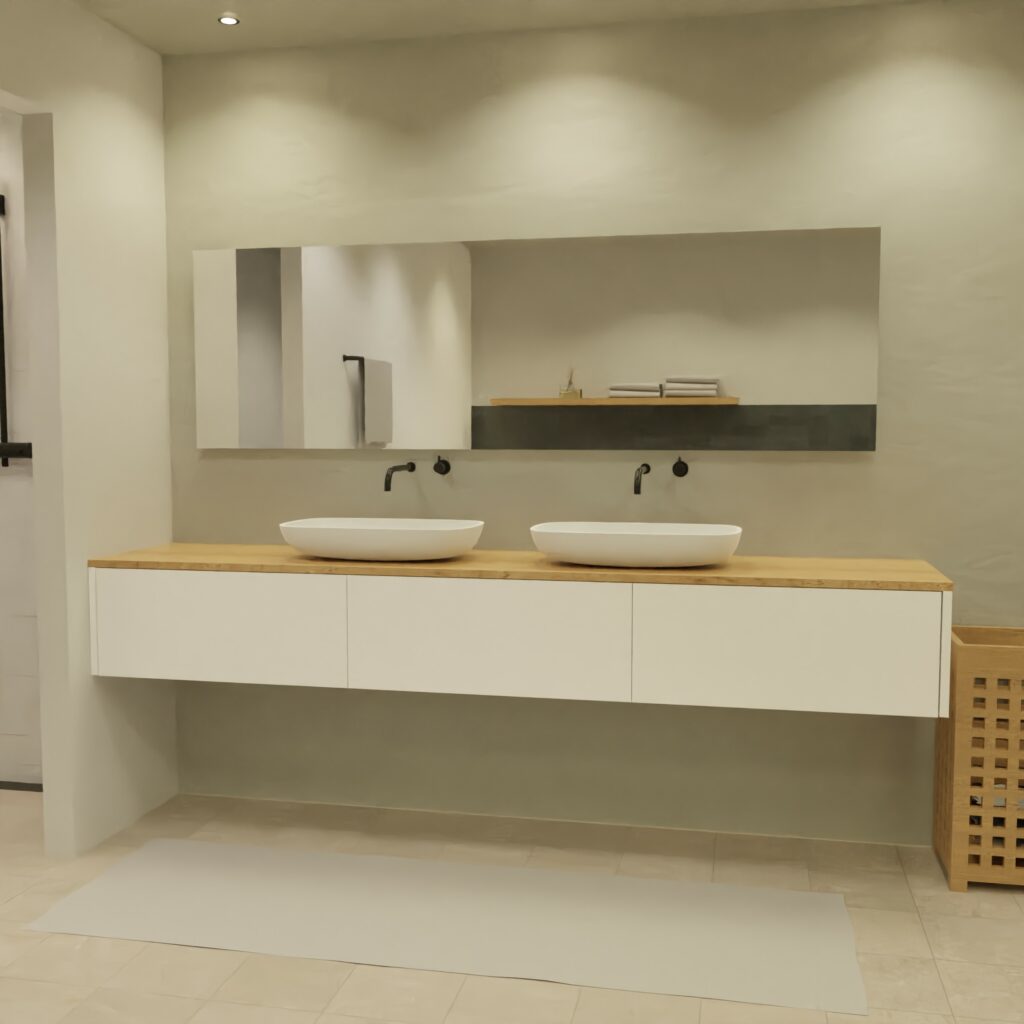 Maatwerk design badkamermeubel, gemaakt van Wit melamine of gespoten mdf met een blad van eiken en 2 waskommen van Solid Surface. Het front te openen d.m.v. Push to Open