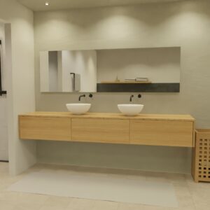 Maatwerk design wastafel onderkast, gemaakt van eiken hout fineer of eiken hout massief met een blad van eiken en 2 waskommen van Solid Surface. Het front te openen d.m.v. Push to Open