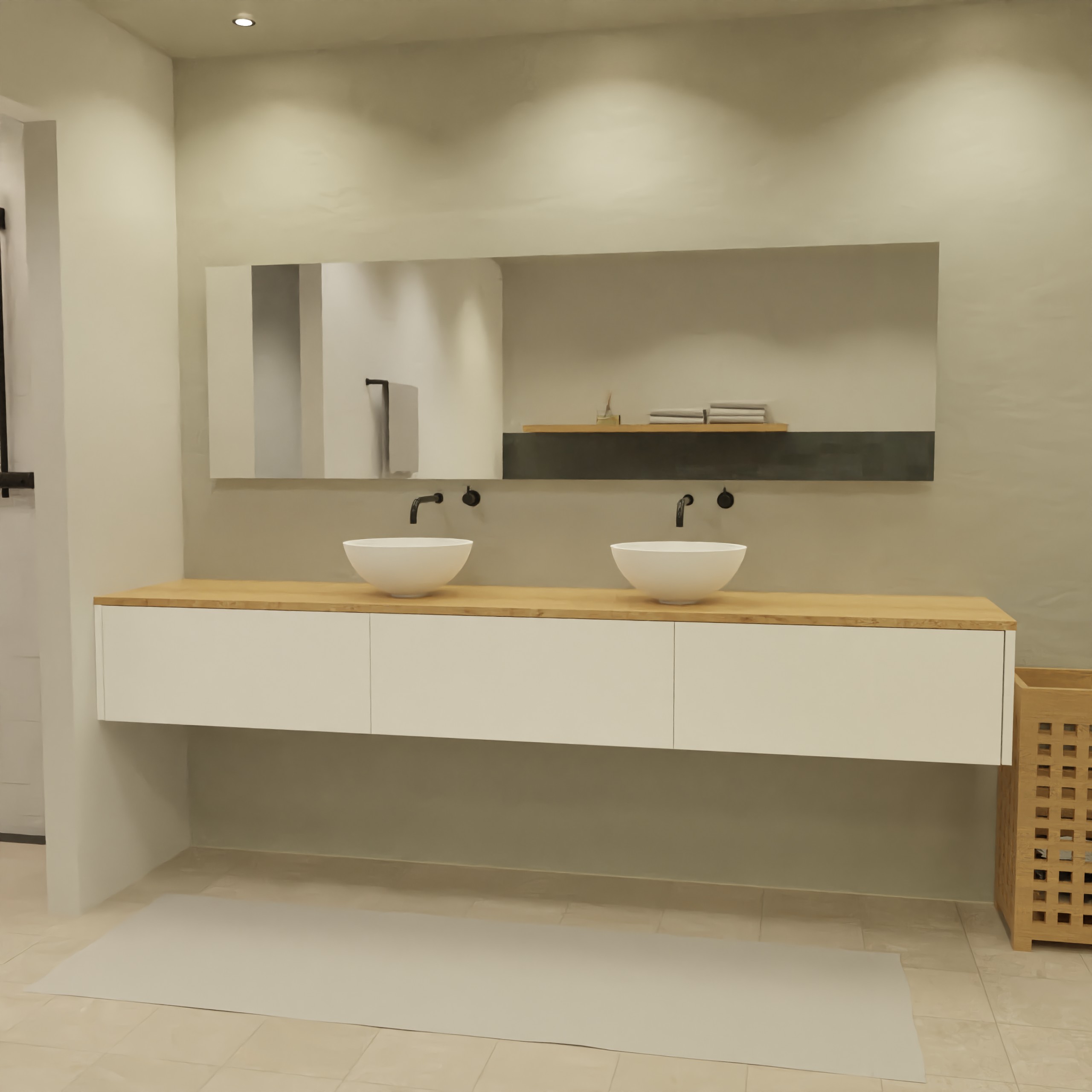 Maatwerk design badmeubel, gemaakt van Wit melamine of gespoten mdf met een blad van eiken en 2 waskommen van Solid Surface. Het front te openen d.m.v. Push to Open