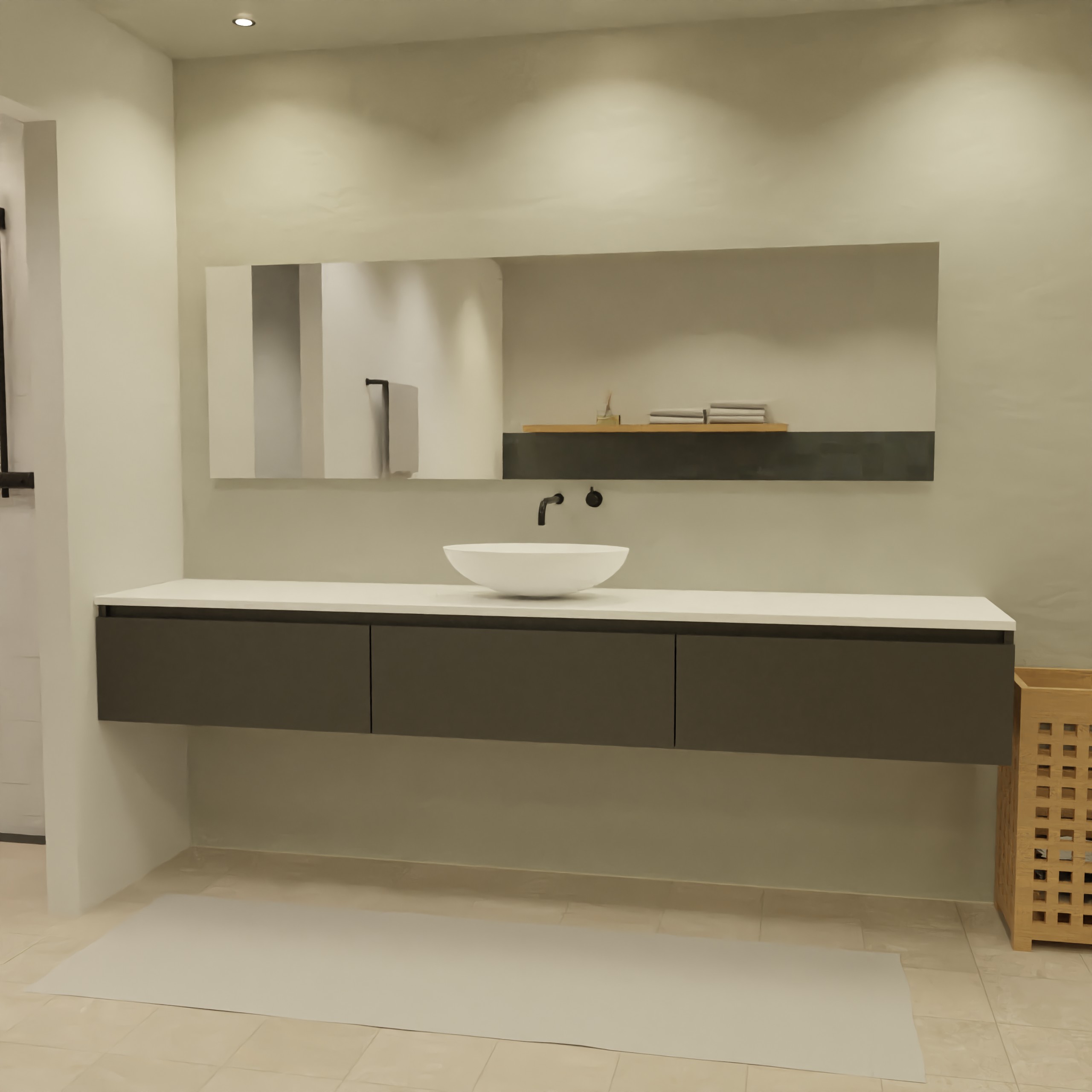 Maatwerk design badkamermeubel, gemaakt van Zwart melamine of gespoten mdf met een blad van solid surface en 1 waskom van Solid Surface. Het front te openen d.m.v. Greeplijst boven
