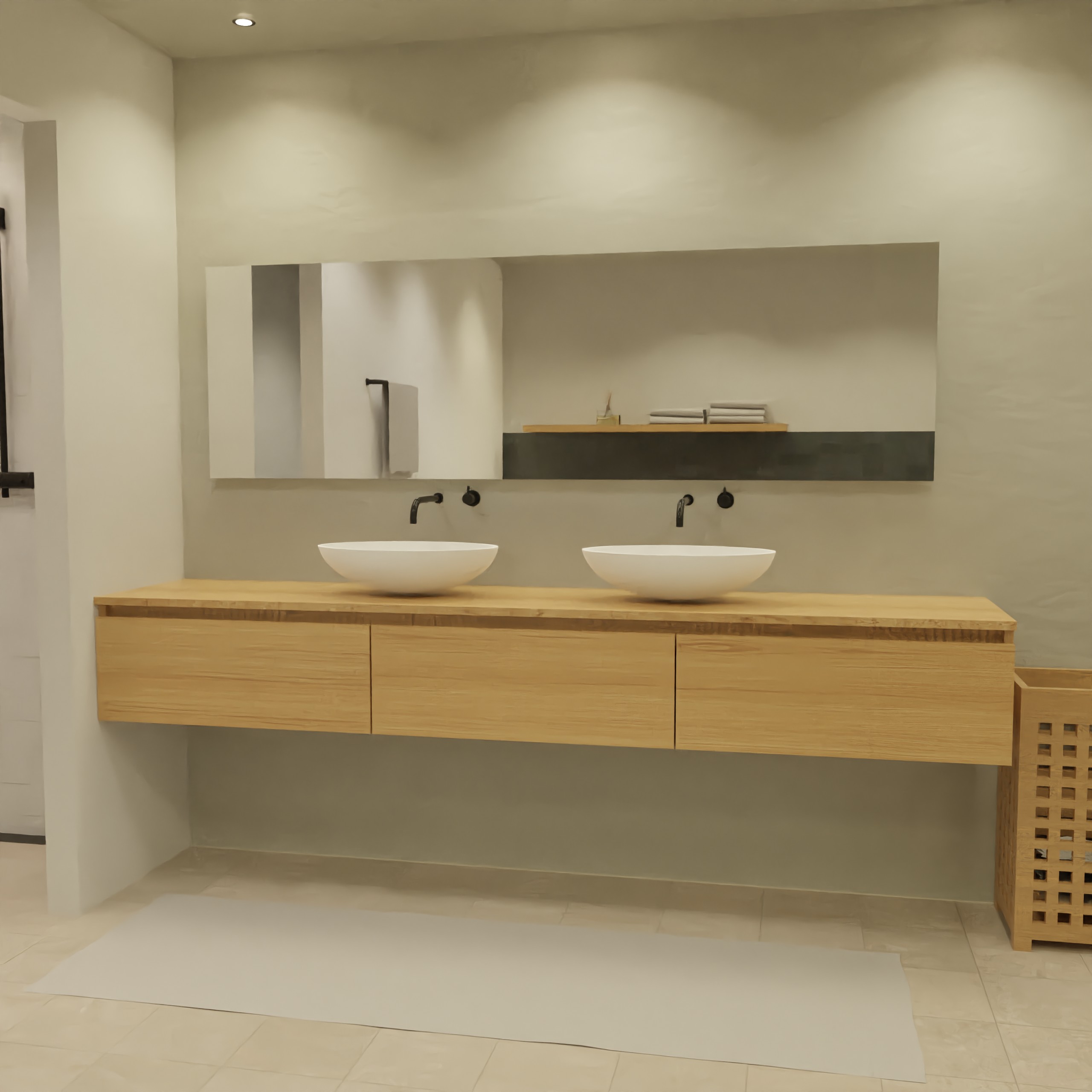 Maatwerk design badmeubel, gemaakt van eiken hout fineer of eiken hout massief met een blad van eiken en 2 waskommen van Solid Surface. Het front te openen d.m.v. Greeplijst boven