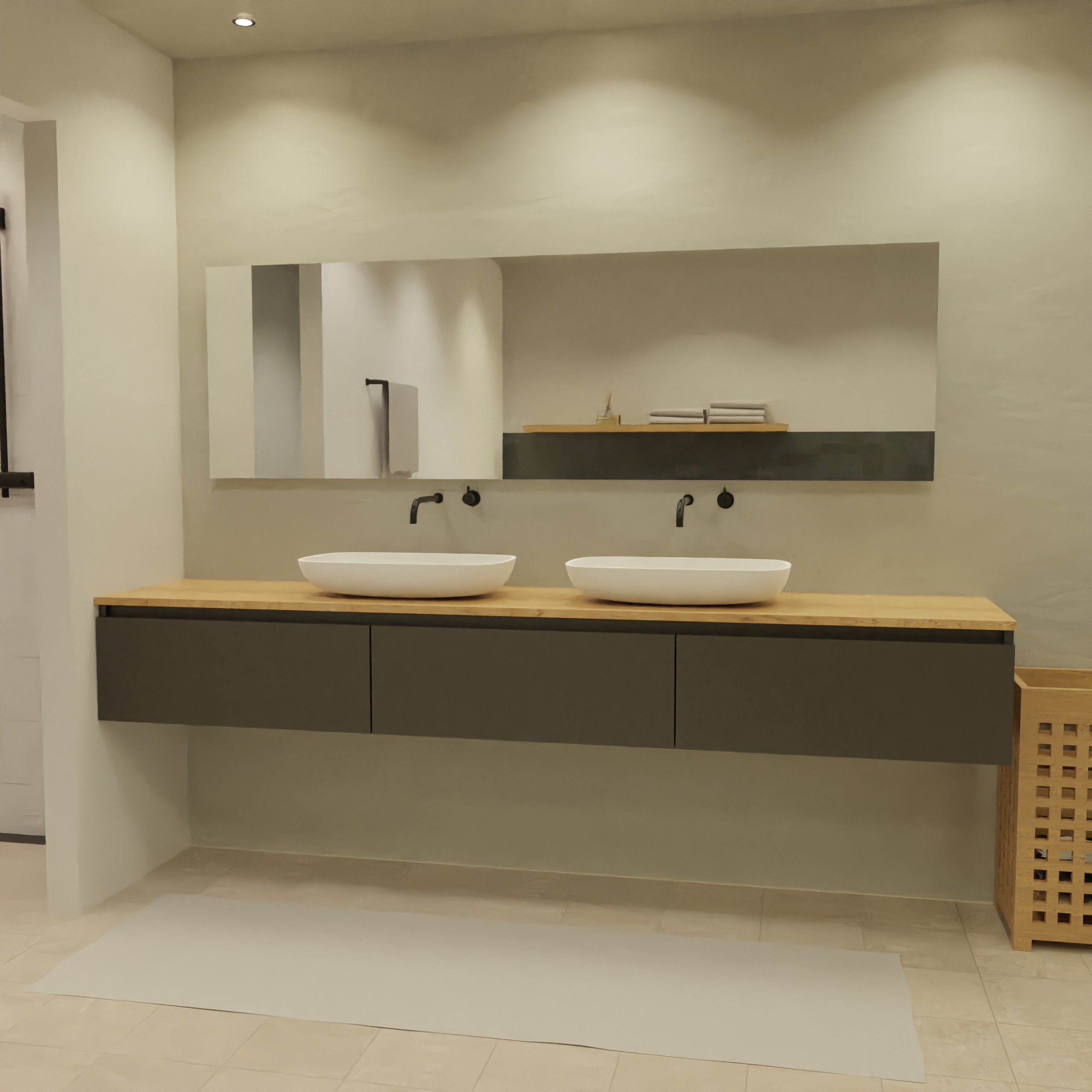 Maatwerk design wastafelkast, gemaakt van Zwart melamine of gespoten mdf met een blad van eiken en 2 waskommen van Solid Surface. Het front te openen d.m.v. Greeplijst boven