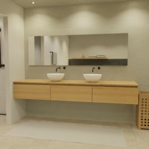 Maatwerk design wastafelmeubel, gemaakt van eiken hout fineer of eiken hout massief met een blad van eiken en 2 waskommen van Solid Surface. Het front te openen d.m.v. Greeplijst boven