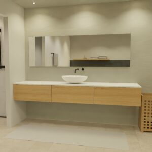 Maatwerk design badmeubel, gemaakt van eiken hout fineer of eiken hout massief met een blad van solid surface en 1 waskom van Solid Surface. Het front te openen d.m.v. Push to Open