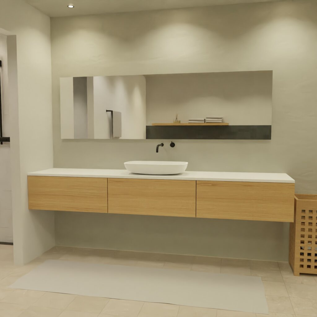 Maatwerk design wastafelmeubel, gemaakt van eiken hout fineer of eiken hout massief met een blad van solid surface en 1 waskom van Solid Surface. Het front te openen d.m.v. Push to Open