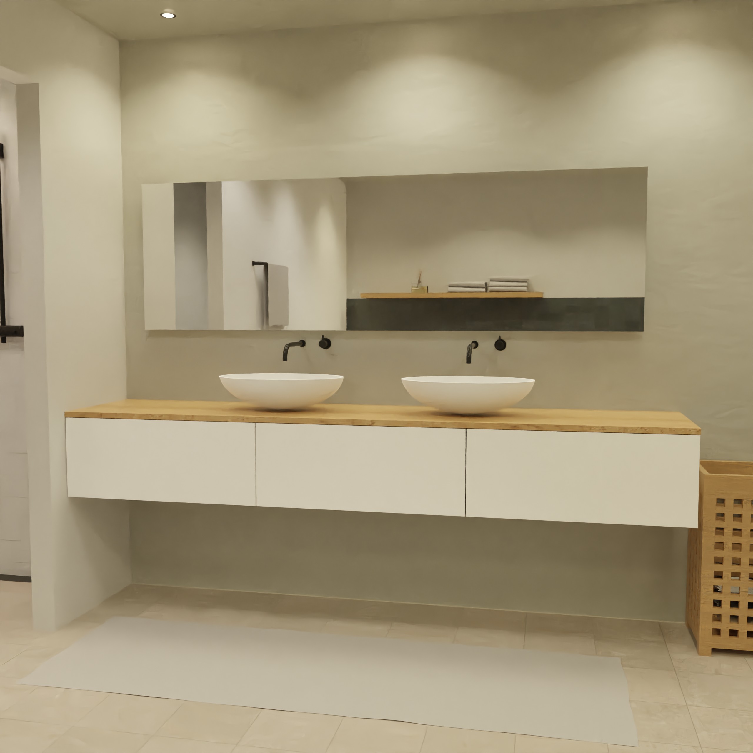 Maatwerk design wastafelkast, gemaakt van Wit melamine of gespoten mdf met een blad van eiken en 2 waskommen van Solid Surface. Het front te openen d.m.v. Push to Open
