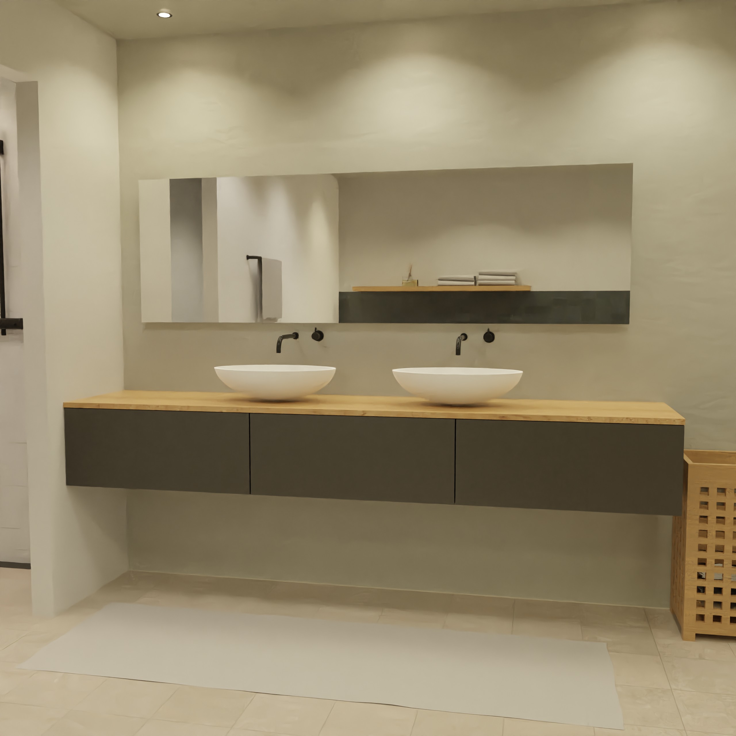 Maatwerk design badmeubel, gemaakt van Zwart melamine of gespoten mdf met een blad van eiken en 2 waskommen van Solid Surface. Het front te openen d.m.v. Push to Open