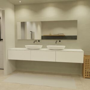 Maatwerk design wastafelmeubel, gemaakt van Wit melamine of gespoten mdf met een blad van solid surface en 2 waskommen van Solid Surface. Het front te openen d.m.v. Push to Open