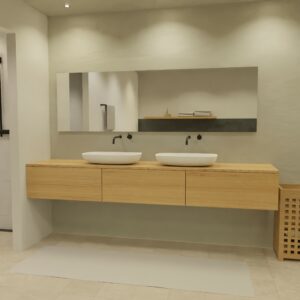 Maatwerk design wastafel onderkast, gemaakt van eiken hout fineer of eiken hout massief met een blad van eiken en 2 waskommen van Solid Surface. Het front te openen d.m.v. Push to Open