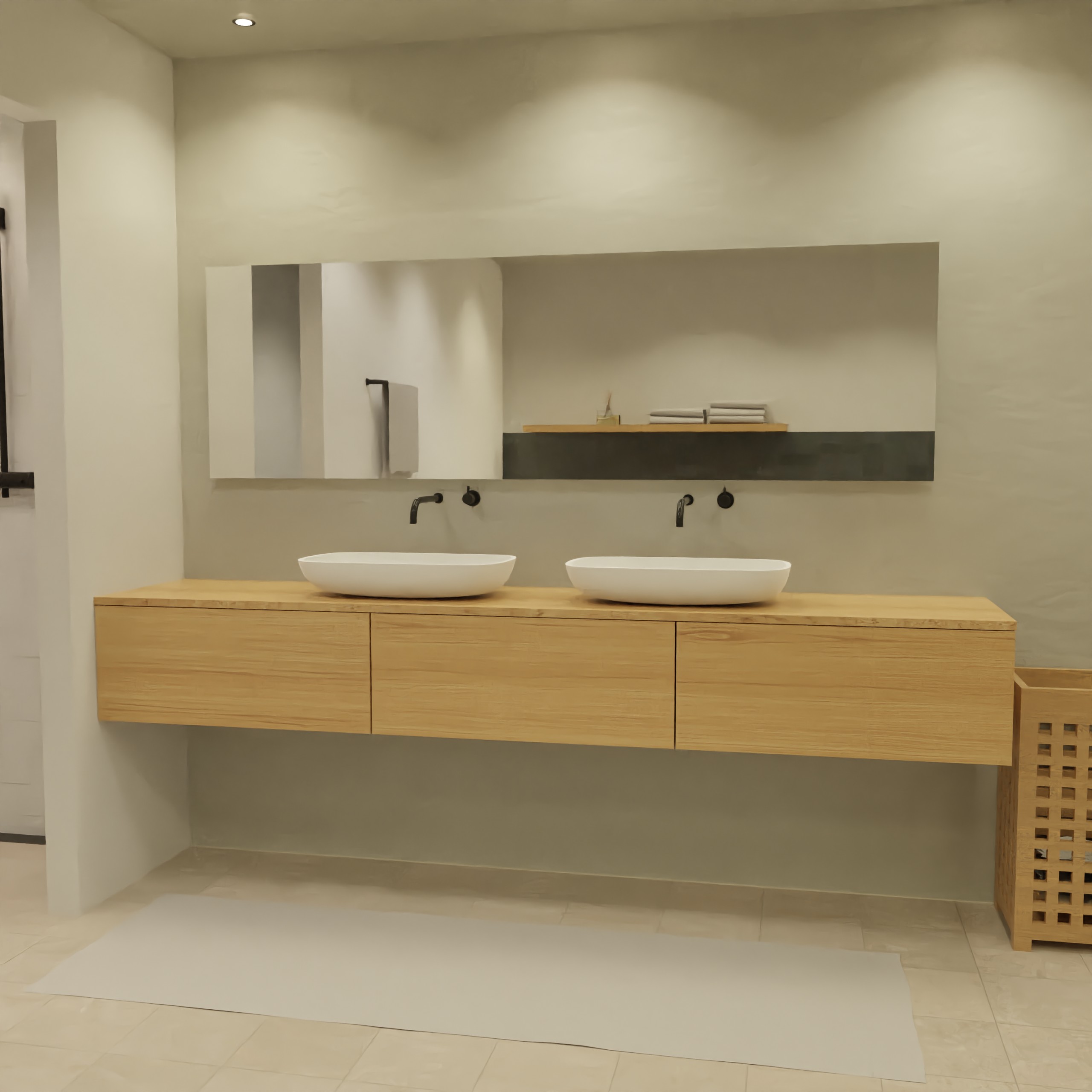 Maatwerk design wastafel onderkast, gemaakt van eiken hout fineer of eiken hout massief met een blad van eiken en 2 waskommen van Solid Surface. Het front te openen d.m.v. Push to Open