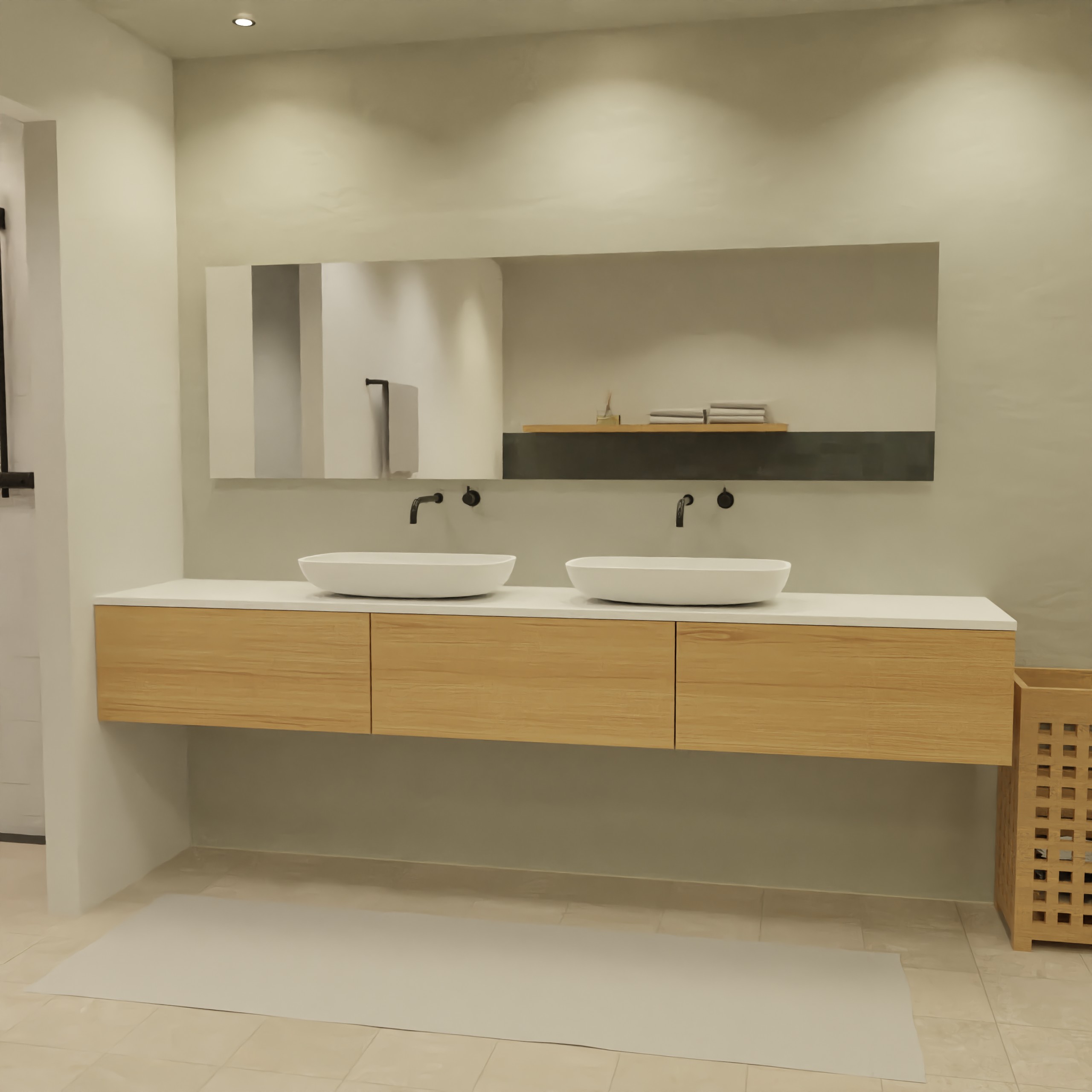 Maatwerk design badmeubel, gemaakt van eiken hout fineer of eiken hout massief met een blad van solid surface en 2 waskommen van Solid Surface. Het front te openen d.m.v. Push to Open