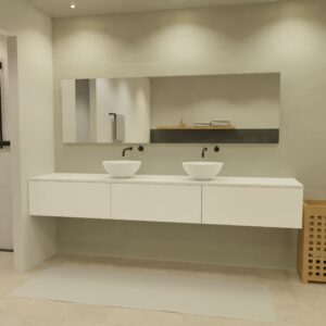 Maatwerk design badkamermeubel, gemaakt van Wit melamine of gespoten mdf met een blad van solid surface en 2 waskommen van Solid Surface. Het front te openen d.m.v. Push to Open