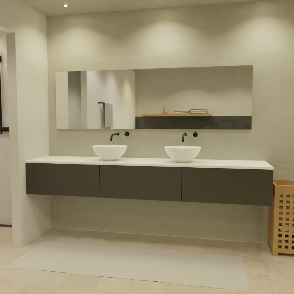 Maatwerk design badkamermeubel, gemaakt van Zwart melamine of gespoten mdf met een blad van solid surface en 2 waskommen van Solid Surface. Het front te openen d.m.v. Push to Open