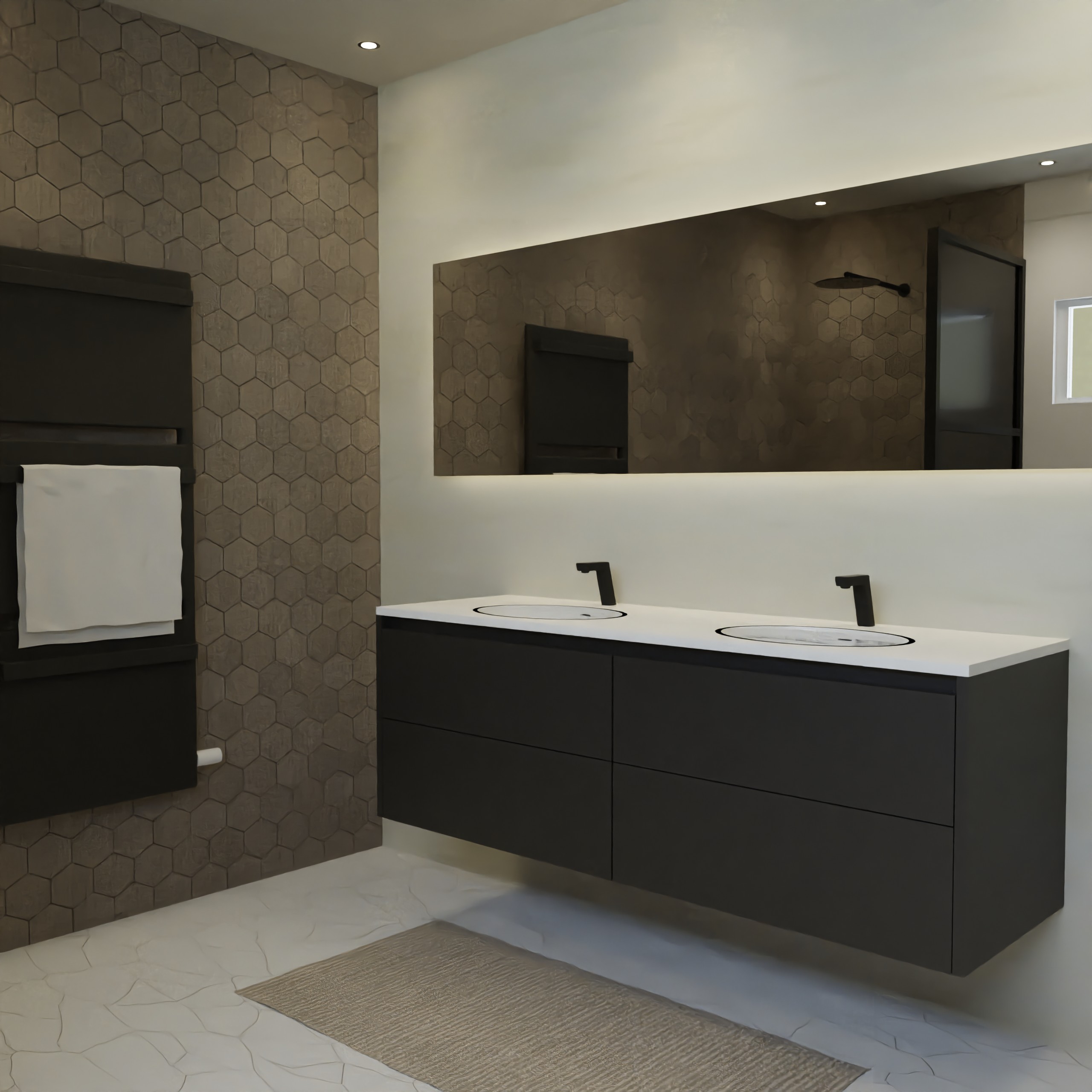 Maatwerk design badmeubel, gemaakt van Zwart melamine of gespoten mdf met een blad van solid surface en 2 waskommen van Solid Surface. Het front te openen d.m.v. Greeplijst boven