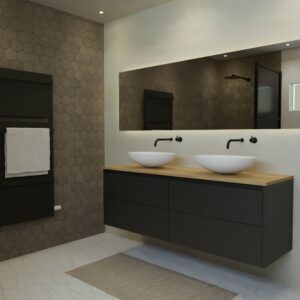 Maatwerk design wastafelmeubel, gemaakt van Zwart melamine of gespoten mdf met een blad van eiken en 2 waskommen van Solid Surface. Het front te openen d.m.v. Greeplijst boven