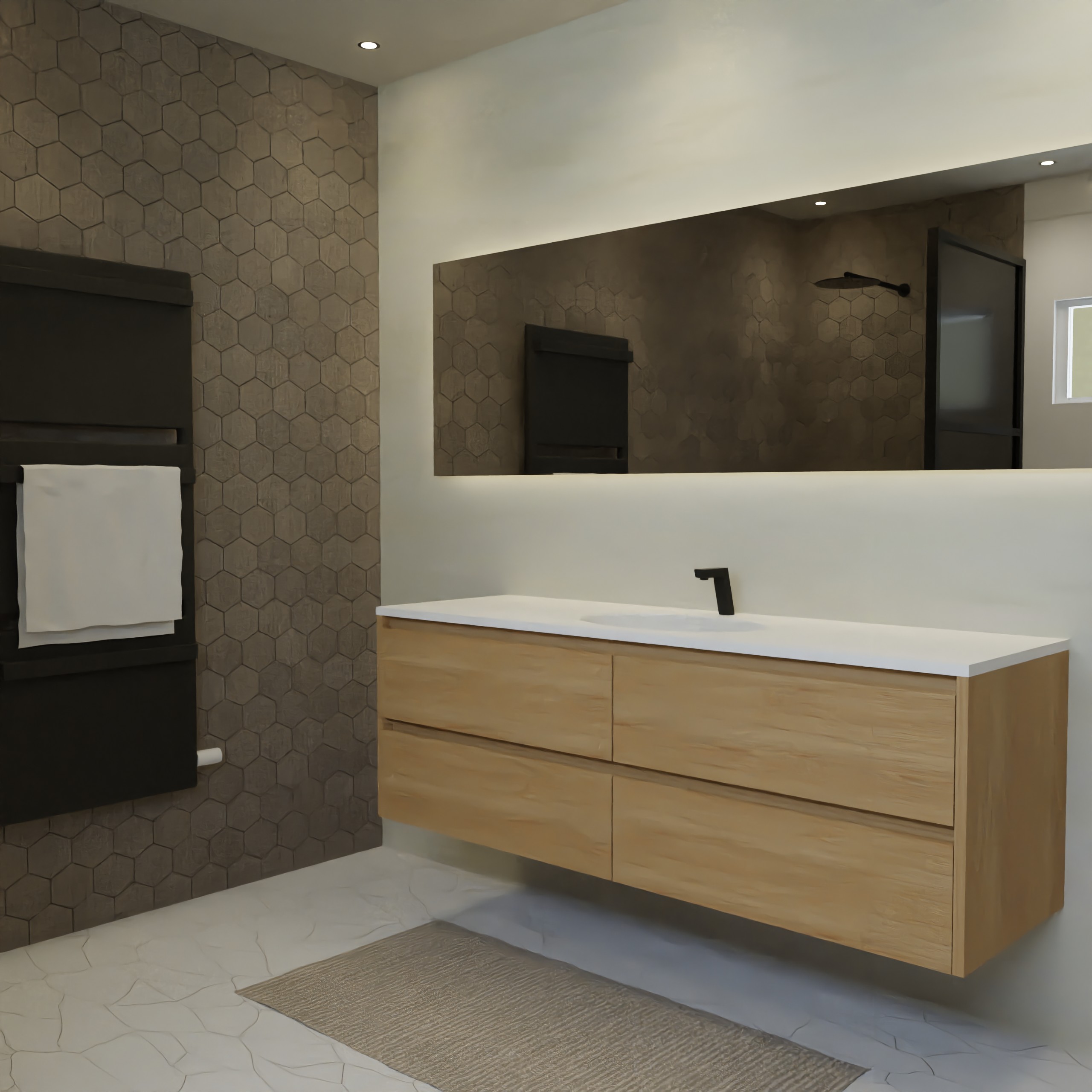 Maatwerk design wastafel onderkast, gemaakt van eiken hout fineer of eiken hout massief met een blad van solid surface en 1 waskom van Solid Surface. Het front te openen d.m.v. Greeplijst boven en midden