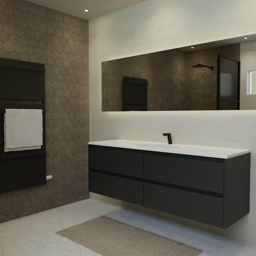 Maatwerk design badkamermeubel, gemaakt van Zwart melamine of gespoten mdf met een blad van solid surface en 1 waskom van Solid Surface. Het front te openen d.m.v. Greeplijst boven en midden