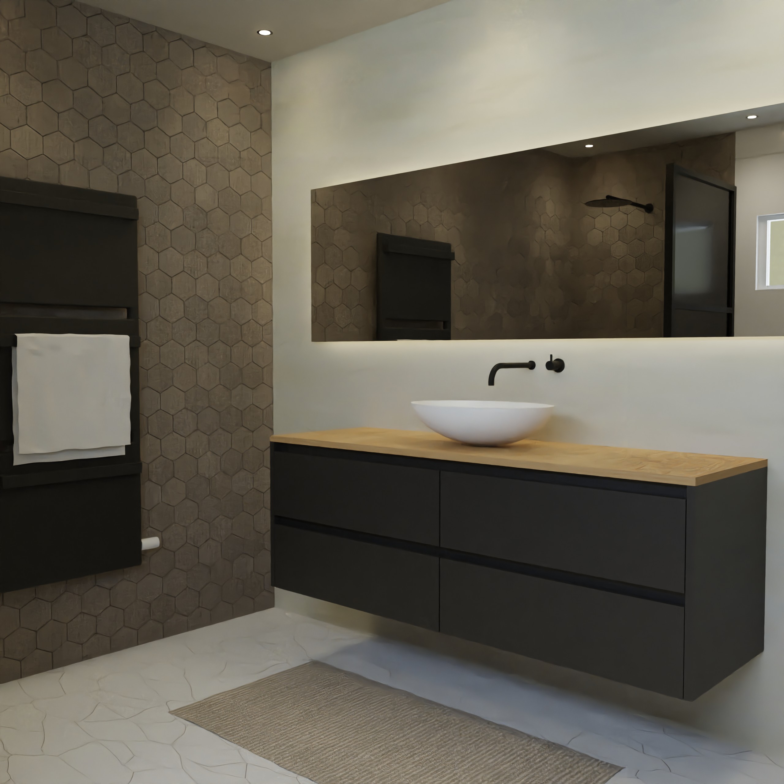 Maatwerk design badkamermeubel, gemaakt van Zwart melamine of gespoten mdf met een blad van eiken en 1 waskom van Solid Surface. Het front te openen d.m.v. Greeplijst boven en midden