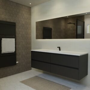 Maatwerk design badmeubel, gemaakt van Zwart melamine of gespoten mdf met een blad van solid surface en 1 waskom van Solid Surface. Het front te openen d.m.v. Greeplijst boven en midden