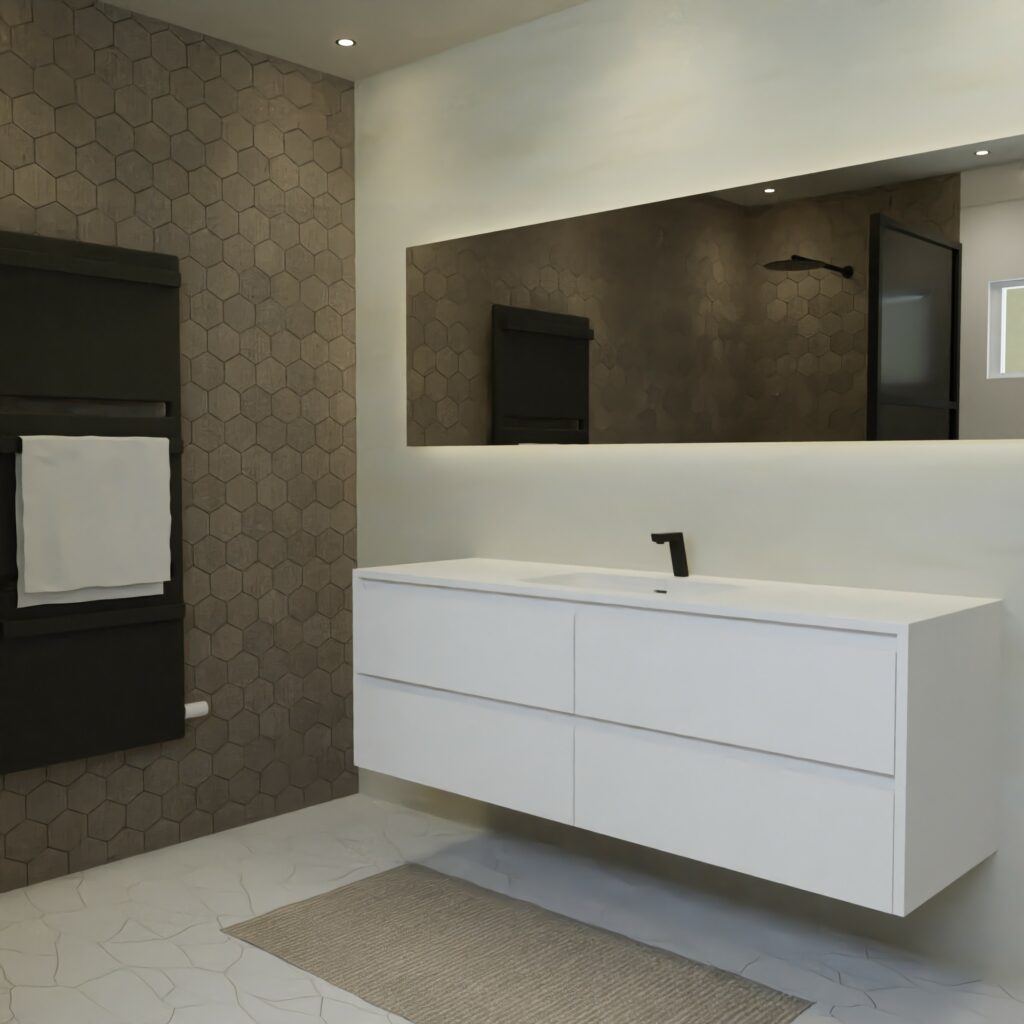 Maatwerk design wastafelmeubel, gemaakt van Wit melamine of gespoten mdf met een blad van solid surface en 1 waskom van Solid Surface. Het front te openen d.m.v. Greeplijst boven en midden