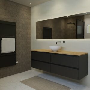 Maatwerk design badmeubel, gemaakt van Zwart melamine of gespoten mdf met een blad van eiken en 1 waskom van Solid Surface. Het front te openen d.m.v. Greeplijst boven en midden