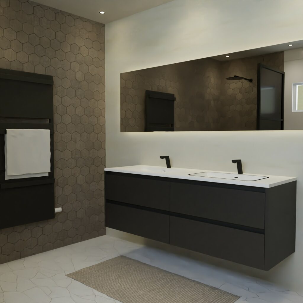 Maatwerk design badkamermeubel, gemaakt van Zwart melamine of gespoten mdf met een blad van solid surface en 2 waskommen van Solid Surface. Het front te openen d.m.v. Greeplijst boven en midden