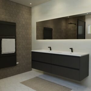 Maatwerk design badmeubel, gemaakt van Zwart melamine of gespoten mdf met een blad van solid surface en 2 waskommen van Solid Surface. Het front te openen d.m.v. Greeplijst boven en midden