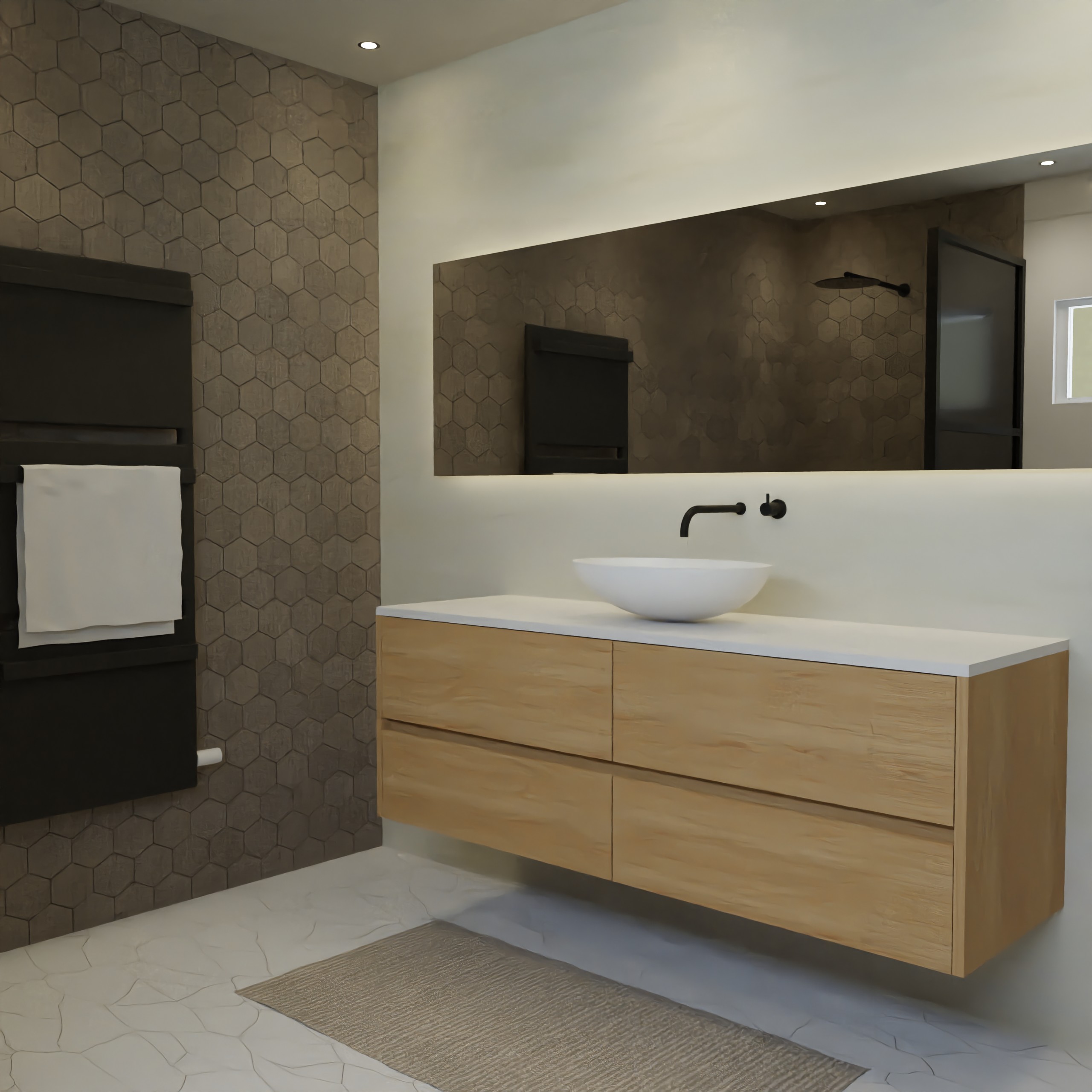 Maatwerk design wastafel onderkast, gemaakt van eiken hout fineer of eiken hout massief met een blad van solid surface en 1 waskom van Solid Surface. Het front te openen d.m.v. Greeplijst midden