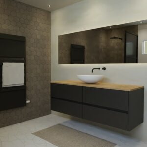 Maatwerk design wastafelmeubel, gemaakt van Zwart melamine of gespoten mdf met een blad van eiken en 1 waskom van Solid Surface. Het front te openen d.m.v. Greeplijst midden